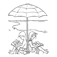 coloring page: Children paint on the beach under an umbrella