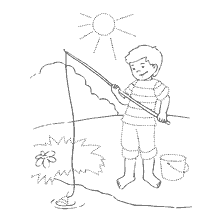coloring page: Little boy catches fish on summer fishing