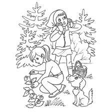 coloring page: Two girls pick berries in the woods with a dog