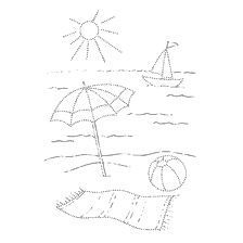 coloring page: Coloring picture of beach attributes, including an umbrella, yacht and beach ball