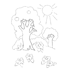 coloring page: Coloring trees and flowers in the summer sun