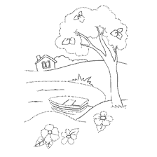 coloring page: Coloring summer landscape with a tree, house and boat