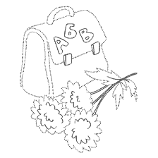 Disegno di un zaino con lettere e fiori autunnali