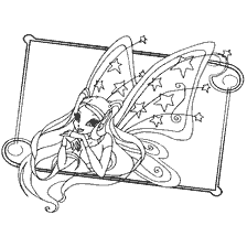 Coloring picture of the Muse with large wings and stars
