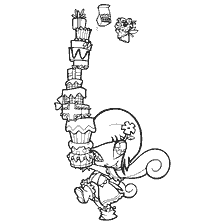 Desenho por Pixie Lockett segurando muitos presentes e bolos.