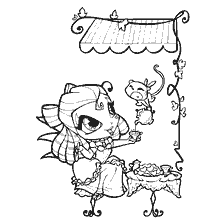 Pixie Thune colorindo com elementos de boas maneiras, Pixie bebe chá