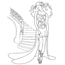 The bride in an exquisite dress with a long plume on the background of the stairs