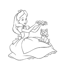 coloriage: Alice au pays des merveilles jouant avec un chaton
