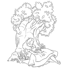 coloriage: Alice s'est endormie sous un arbre au pays des merveilles