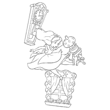 coloriage: Alice tombe au pays des merveilles avec des horloges et des objets autour