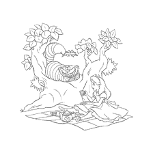 coloriage: Alice au pays des merveilles : Thé avec le chat du Cheshire
