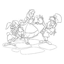 coloriage: Alice avec le Hare de Mars et le Cheater au Pays des Merveilles