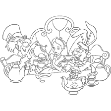 coloriage: Alice et les personnages au Tea Party au Pays des Merveilles