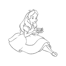 coloriage: Alice du pays des merveilles est assise avec une tasse dans ses mains dans un simple livre de coloriage