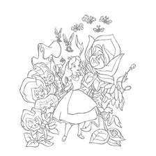 coloriage: Alice au pays des merveilles parmi les fleurs et les papillons