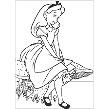 coloriage: Alice est assise sur un champignon et sourit, fleurit
