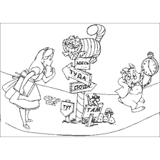 coloriage: Alice, le chat du Cheshire et la haine folle aux pointeurs avec des directions
