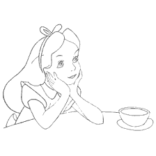 coloriage: Alice avec un regard rêveux près d'une tasse de thé
