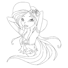 Flora para colorear en un sombrero - un personaje con pelo largo y un tocado elegante
