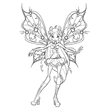 Flora para colorear en un traje de Belivix con grandes alas