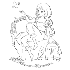 Coloring of a young princess with a bird