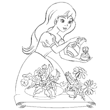 Princess with watering watering flowers in the garden