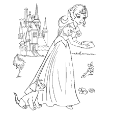 Princess in beautiful dress feeds puppy in front of castle
