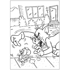 Tom tries to catch Jerry in a circle of color with a picture of a house in the background