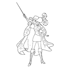 coloring page: Barbie in Musketeer costume with hat and sword