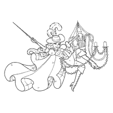 coloring page: Barbie Musketeer Corinne in a suit, hanging on a chandelier with a sword in her hand.