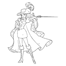 coloring page: Barbie Musketeer in a hat, cloak and with a sword.