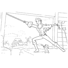 coloring page: Barbie musketeer with fencing sword and kitten in the background of the mill