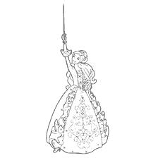 coloring page: Barbie musketeer with a raised sword in a white dress