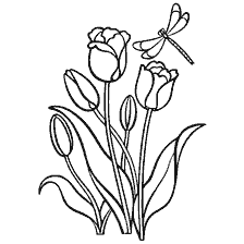 Drawing of flowering tulips with a butterfly