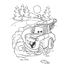 página para colorear: Colorante Mater de Coches montando hacia atrás en el fondo del bosque y el sol