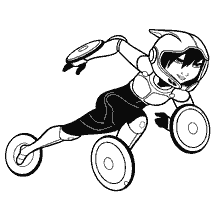 GoGo Tomago from Hero City in a superhero suit on rolling wheels