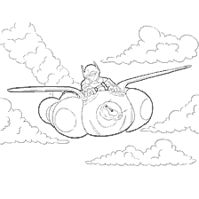 Hiro flies on Baymax amid the clouds