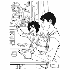 Hiro Hamada and Tadashi at a restaurant with Tet Cass in the background