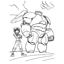 Drawing of a combat robot and a character from the cartoon City of Heroes