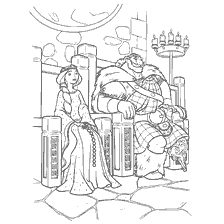página para colorear: El rey y la reina se sientan en tronos en el castillo