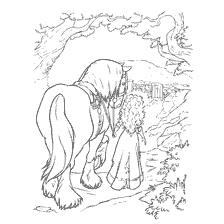 página para colorear: Meridna y su caballo van a la casa de la bruja