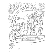 página para colorear: Bruja y robot hacen poción en una olla