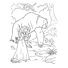 página para colorear: Mérida y el oso caminan por el bosque