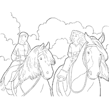página para colorear: Reina Eleanor y Princesa Mérida a caballo en el bosque