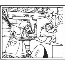 coloring page: Illustration from the folk tale of Jiharka with his grandmother and girl