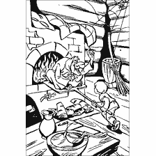 coloring page: Illustration to the fairy tale of Giharka with characters at the oven