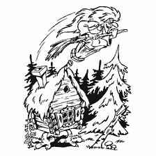 coloring page: Baba Yaga flies on a broomstick over a hut