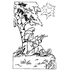 coloring page: Illustration of Ivanushka the fool playing the flute under a tree