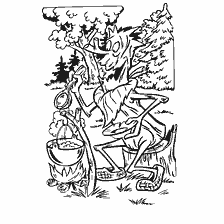 coloring page: Leshy cooks by the fire in the forest