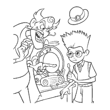 Lewis with the instrument stands next to the villain, who laughs, above the machine.